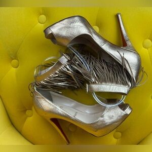 Christian Louboutin Veau Velours Fringe Courtain Pumps In Cafe Creme Size 38